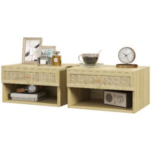 HOMCOM Set of Two Rattan Panel Floating Bedside Tables - Wood-Effect   Aosom UK