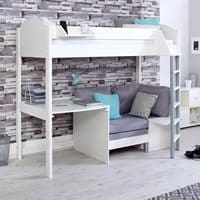 Noah Kids High Sleeper Bed in White with Desk and Sofa Bed - White Details / Pink Sofa Bed