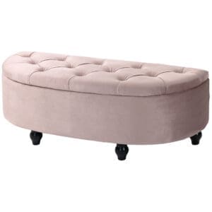 HOMCOM Semi-Circle Bed End Bench Ottoman with Storage Tufted Upholstered Accent Seat Footrest Stool w/ Rubberwood Legs for Bedroom, Pink   Aosom UK