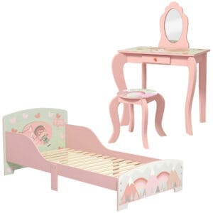 ZONEKIZ Toddler Bed Frame, Kids Dressing Table with Mirror and Stool, Cute Animal Design Kids Furniture Set for Ages 3-6, Pink   Aosom UK