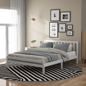 Solid Wooden Double Bed Frame with Headboard and Footboard, Bedroom Furniture for Adults Kids, No Box Spring Required, 196x140x77 cm, White   Aosom UK