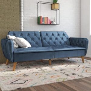 Taluka Memory Foam Velvet Sofa Bed With Wooden Legs In Blue