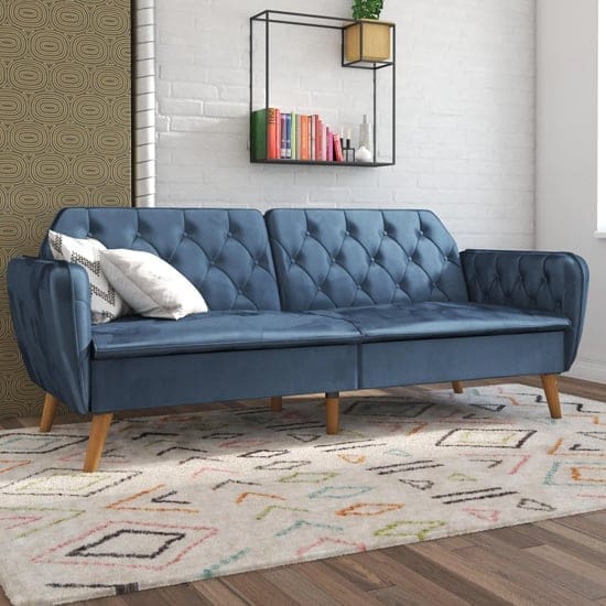 taluka memory foam velvet sofa bed wooden legs blue