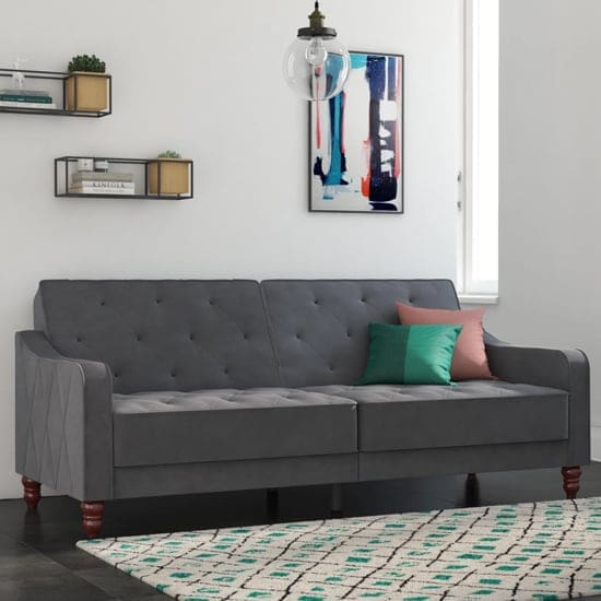 vincenzo tufted futon velvet sofa bed wooden legs grey