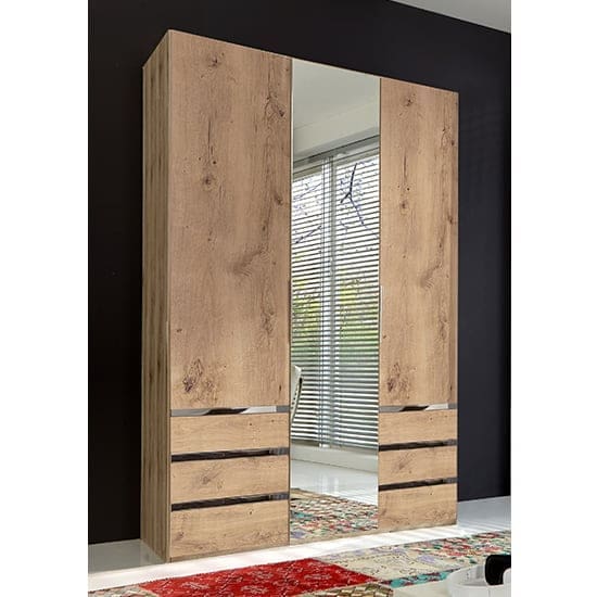 alkes mirrored wardrobe planked oak 3 doors 6 drawers