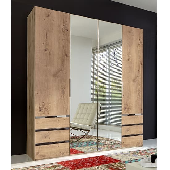 alkes mirrored wardrobe planked oak 4 doors 6 drawers