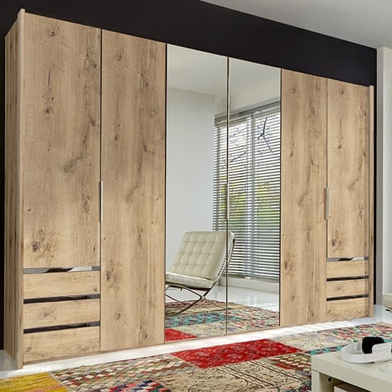 alkes mirrored wardrobe planked oak 6 doors 6 drawers