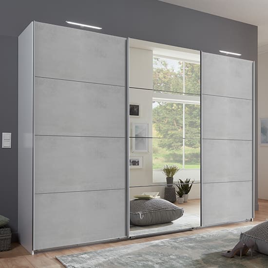 ernie sliding door mirrored wide wooden wardrobe light grey