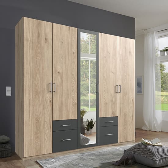 freiburg mirrored wooden wardrobe hickory oak graphite