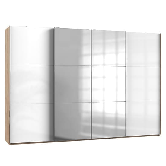 kraz wide mirrored sliding 4 door wardrobe white planked oak