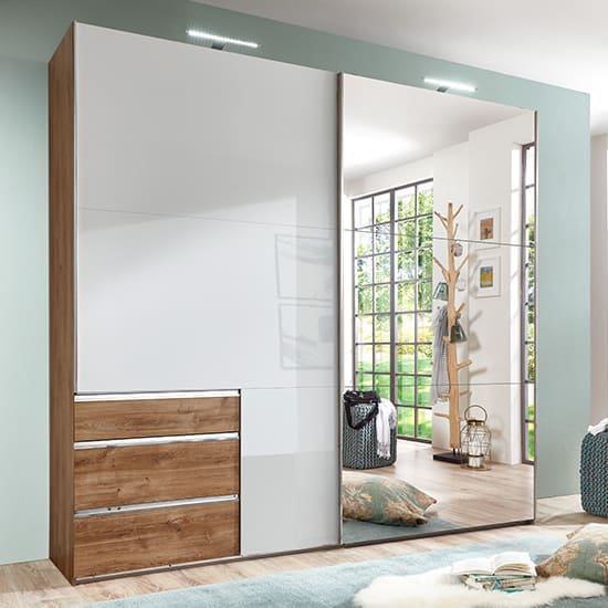 kraz wide mirrored sliding wardrobe white planked oak