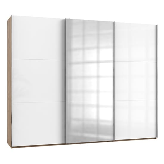 kraza mirrored sliding 3 dr wardrobe gloss white and oak