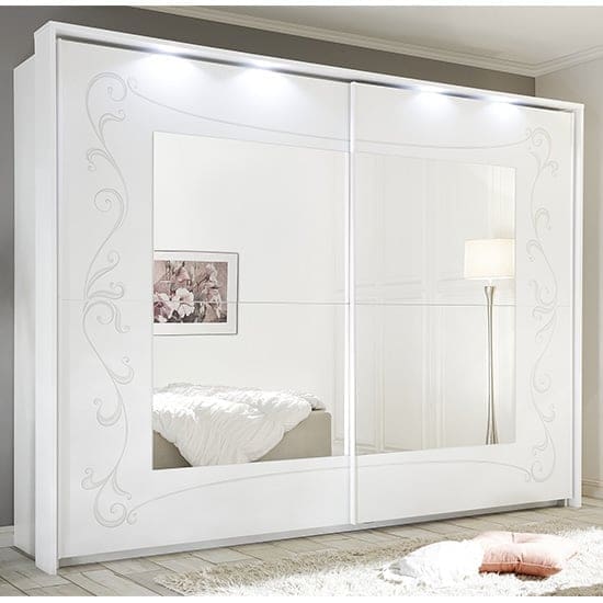 lerso led mirrored wooden sliding wardrobe serigraphed white