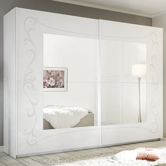 lerso mirrored wooden sliding wardrobe serigraphed white