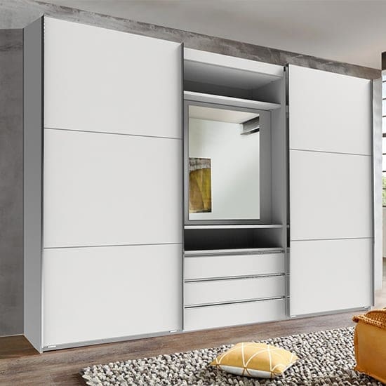 magic mirrored sliding door wardrobe white tv shelf