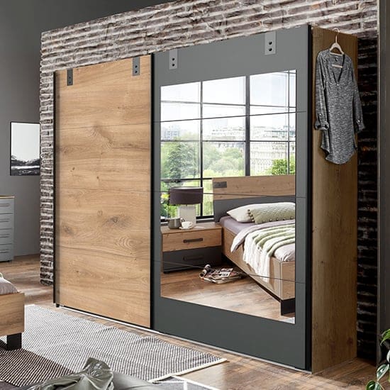 malmo sliding door mirrored wardrobe planked oak graphite