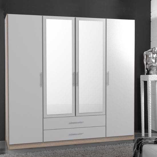 spectral mirrored 4 door wardrobe white oak 2 drawer